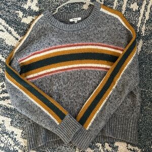 Madewell Gray Crewneck Sweater with Mustard, Green & Pink Stripes